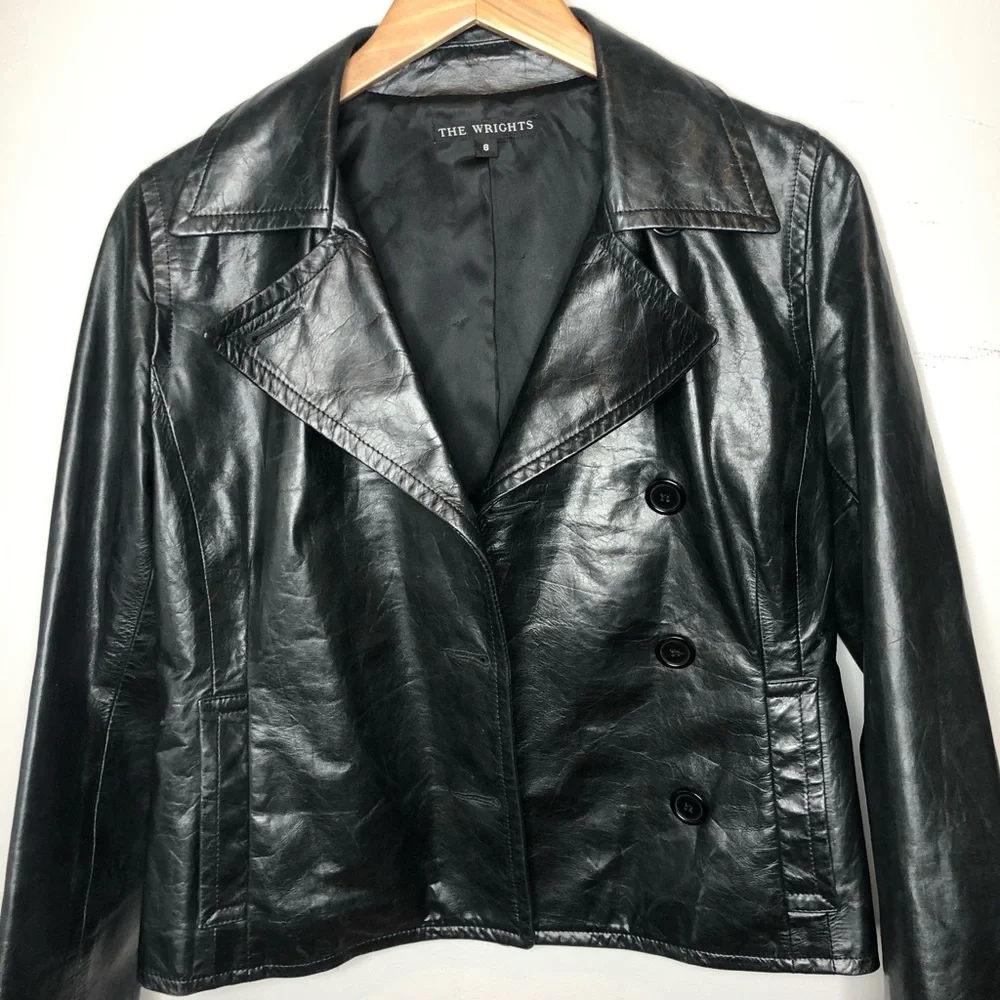 The Wrights Black Leather Double Breasted Jacket Moto Size 8 - Picture 6 of 13